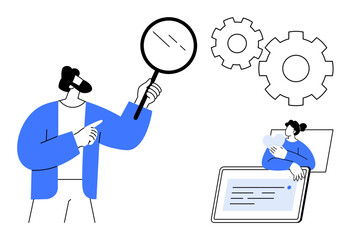 Data analysis concept. Data analysis examining processes using magnifying glass, gears, digital devices. Data analysis enhancing efficiency and decision-making. For business, technology