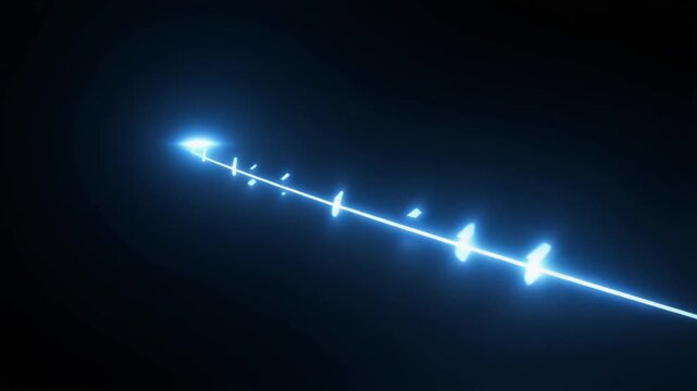 暗い背景の中で一本の進捗ラインが滑らかに前進し、節目となるポイントが順に発光します。
青と白を基調とした光が未来感とデジタル感を演出します。