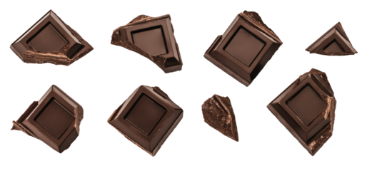 Scattered broken dark chocolate squares isolated on white background with copy space, premium dessert concept