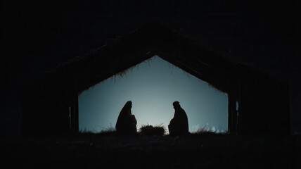 Nativity scene silhouette with mary, joseph, and baby jesus in a manger, symbolizing christmas and birth of salvation at sunrise