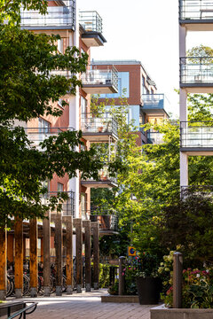 Modern residential architecture in Stockholm with precise facade elements revealing building evolution and development throughout the cityscape of Hammarbyhamnen