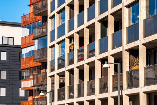 A Stockholm building showing modern residential architecture with facade alignment expressing development and shaping the broader cityscape of Hammarbyhamnen