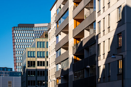 A residential architecture building in modern Stockholm with facade geometry highlighting ongoing development across the evolving cityscape of Hammarbyhamnen