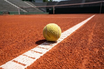 Tennis ball resting on the white baseline of a red clay court, with the net and empty stadium stands blurring in the background, conveying concepts of sport, competition, and outdoor activity