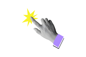 Hand makes click gesture with flash effect. Modern collage style isolated on a white background