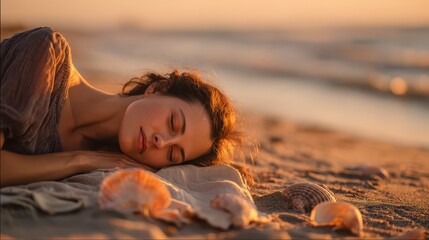 Calm seaside nap: serene portrait of a woman resting on the shore during golden hour