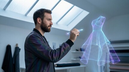 Fashion designer interacting with holographic dress projection