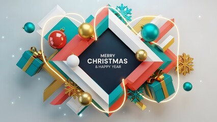 Vibrant geometric shapes in bold modern colors (teal, coral, gold, white) arranged around realistic Christmas elements: shiny ornaments, 3D snowflakes, neon light lines, gradient glow effects