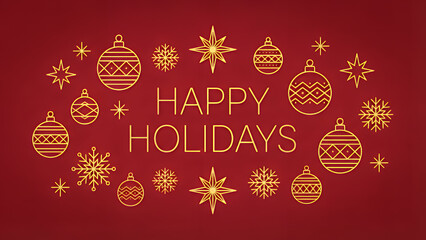 Wallpaper with "Happy Holidays" text, stylized thin gold strokes, abstract holiday icons in outline style (baubles, stars, snowflakes) surrounding typography, dark red or forest green flat background.