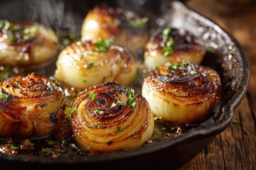 Caramelized grilled onions with smoky char on a cast-iron pan