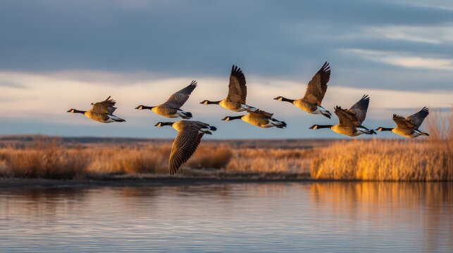 Canada geese flying in a classic V formation over a tranquil lake at sunrise