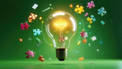 A glowing lightbulb center, surrounded by colorful puzzle pieces and abstract shapes on a green background