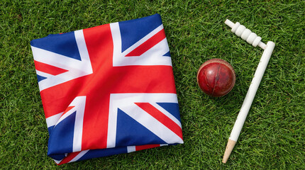 Great Britain flag flatlay with cricket ball and bat on green grass