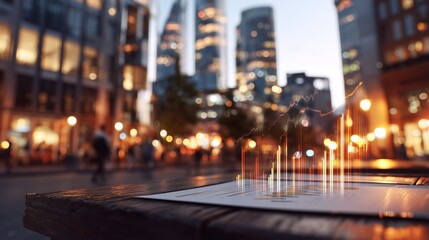 City street with business report and charts in evening light near tall buildings