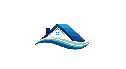 A blue and teal geometric logo features a house silhouette above stylized wave shapes