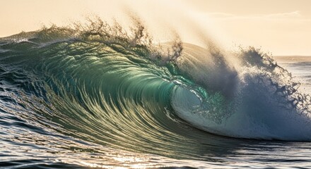 A breaking ocean wave curls, revealing turquoise and foamy layers under a golden sky