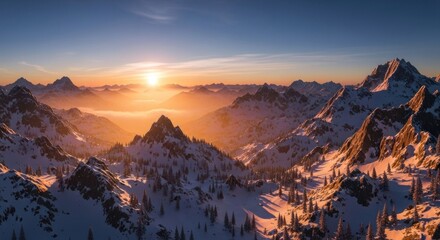 A breathtaking landscape of snow-capped mountains at sunset with a golden sky