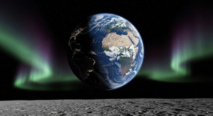 A blue planet Earth with continents, surrounded by an aurora and moon's surface