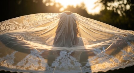A bride's back is seen, her veil billowing in sunlight, creating a halo effect