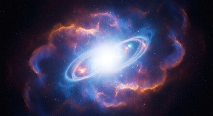 A bright celestial body surrounded by rings and a colorful nebula against the starry void