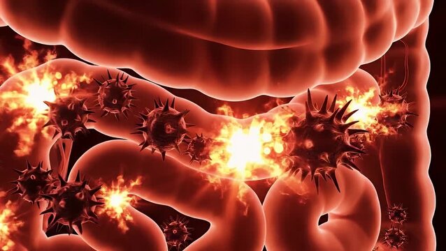 Human intestines showing severe infection with glowing pathogens