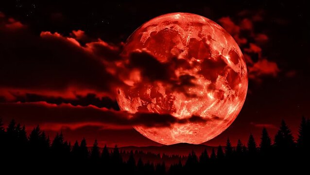 A dramatic blood red moon glows ominously in a dark, cloudy night sky