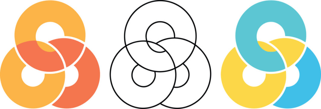 Three interlocking rings in orange yellow and blue