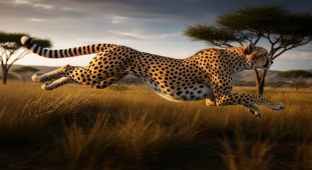 A cheetah sprints across a grassy savanna under a warm, golden sky