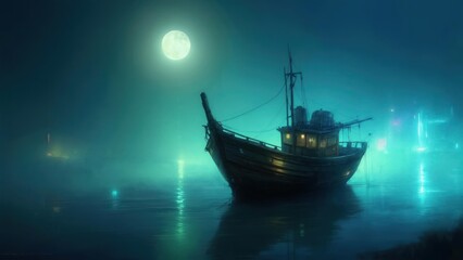 A moonlit night scene features a wooden boat on calm water, surrounded by ethereal mist