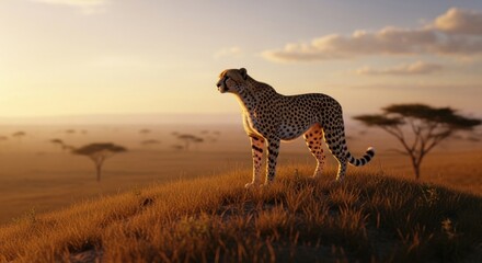 A cheetah stands atop a grassy knoll, surveying the African savanna at sunrise