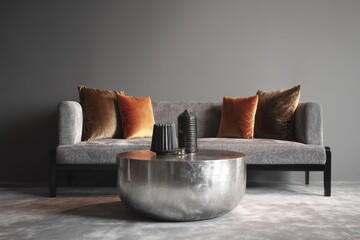 Minimalistic sofa in beige boucle, brown cushions and coffee table is dark wood. Cream-colored wall. Soft, curved plush cream sofa with a curved backrest in neutral tones. Aesthetic room furniture