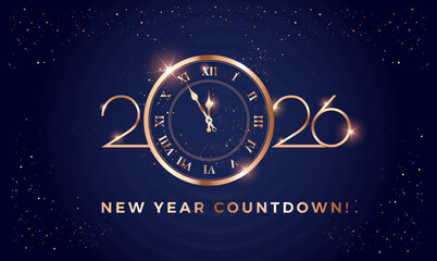 New Year Countdown design with elegant golden 2026 numbers and classic clock on dark blue shining background - vector illustration