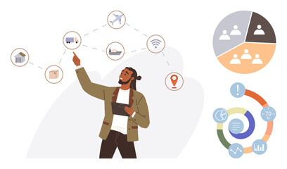 Man with tablet pointing at connected icons representing services, including logistics, wireless, and navigation. Accompanied by pie chart and circular infographic. Ideal for teamwork, data analysis