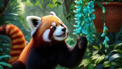 Obraz premium Adorable red panda reaching for turquoise blooms in a lush, green, leafy environment