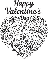 Hand-drawn doodle vector illustration of a heart-shaped wreath made of roses, love letters and small hearts in simple black and white line art, perfect for Valentine&rsquo;s Day, romantic designs and colori