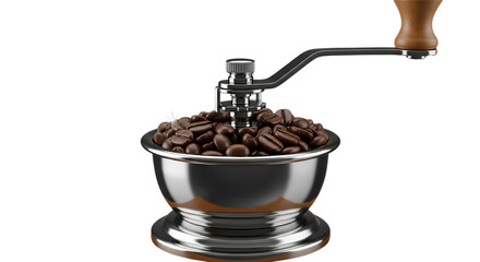 Vintage manual coffee grinder filled with rich roasted arabica beans on a stark for a classic beverage concept on transparent background