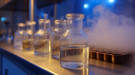 Naklejka premium Scientific laboratory setup with clear liquid in glass beakers surrounded by mysterious blue light and rolling fog