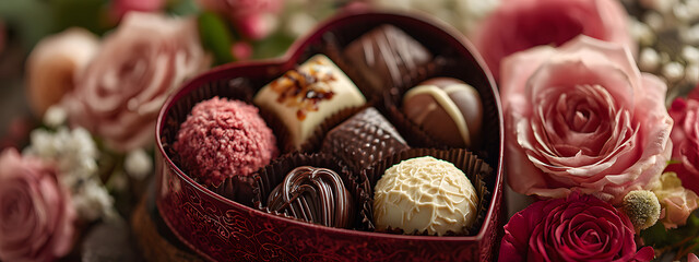 Heart-shaped box of exquisite chocolates nestled among pink and red roses