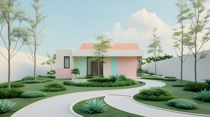 vector illustration of a minimalist modern house, clean geometric shapes, flat colors, sharp lines, large glass windows, white facade, high-detail 