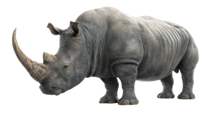 Large white rhinoceros standing majestically with its prominent horn isolated on transparent background