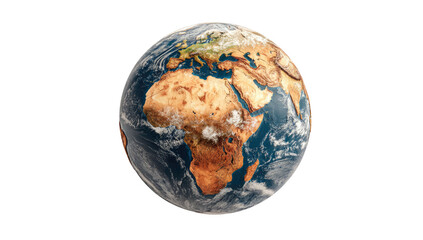 Realistic Earth globe with visible continents and clouds isolated on transparent background