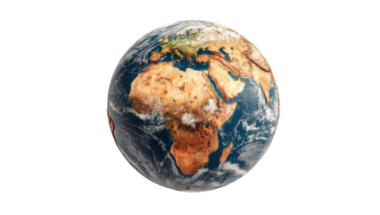Realistic Earth globe with visible continents and clouds isolated on transparent background
