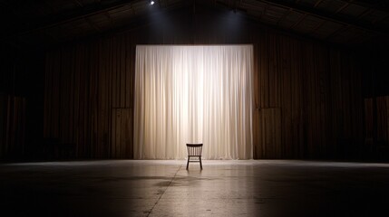 A stage with a white curtain and a single chair in the center.
