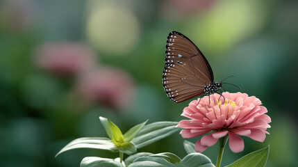 Side view of beautiful butterfly with brown wings and white spots perched on pink flower in garden setting