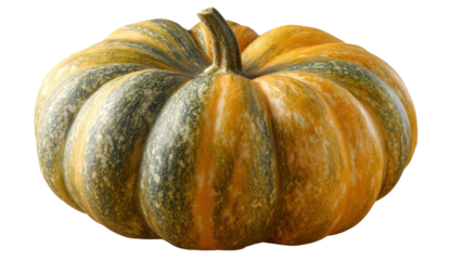 Striped green and orange pumpkin with a short stem for autumn harvest isolated on transparent background