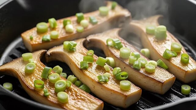 A mouth-watering close-up shot captures thick slices of succulent, plant-based protein gently sizzling in a rustic cast-iron grill pan. Each piece is beautifully browned, showcasing delicate grill mar