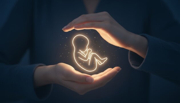 Womans hands cradling a glowing embryo silhouette against a dark blue background, symbolizing ivf, fertility care, protection, hope, new life and parental support