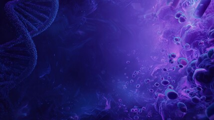 A vibrant digital illustration showing DNA strands intertwined with abstract, colorful cellular structures against a dark background.