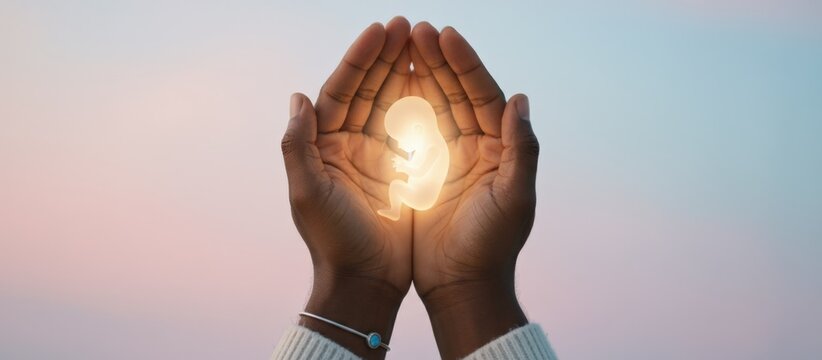 Human hands gently cradling a glowing embryo, symbolizing hope, protection, and the beginning of new life, representing the journey of pregnancy and successful ivf