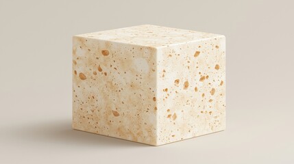 A cube-shaped object with a speckled surface and a light beige color.